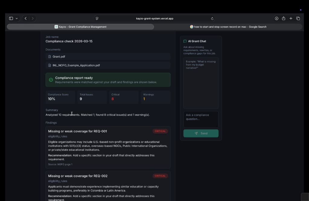 Kayzo Grant Compliance dashboard with compliance report, metrics, findings, and AI grant chat