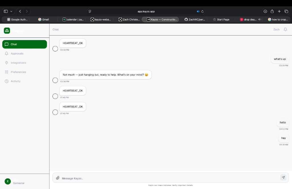 Kayzo app chat interface with sidebar, messages, and composer