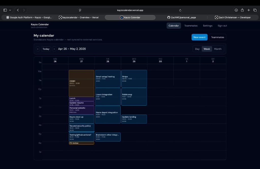 Kayzo Calendar app showing week view with events in the browser